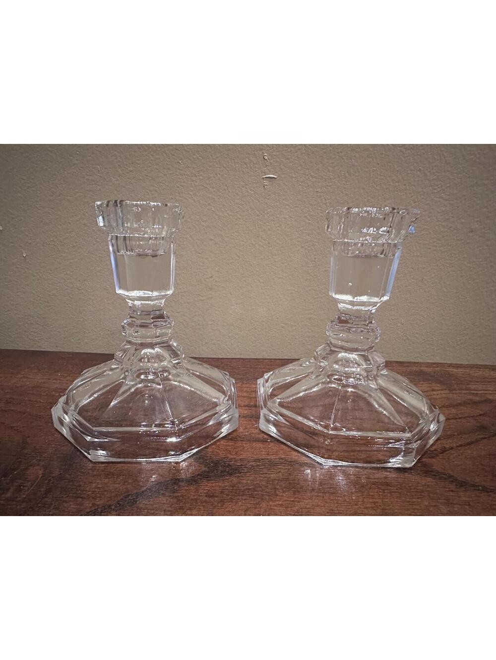 Vintage Octagonal Base Crystal Glass Taper Candlestick Holders